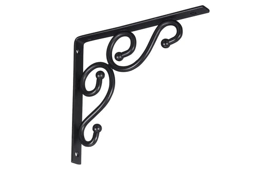 7" x 8" Black Ornamental Shelf Bracket. Black Finish on Steel. Designed for mounting to studs. Includes four phillips head screws. National Hardware Mfg. Model N236-220.