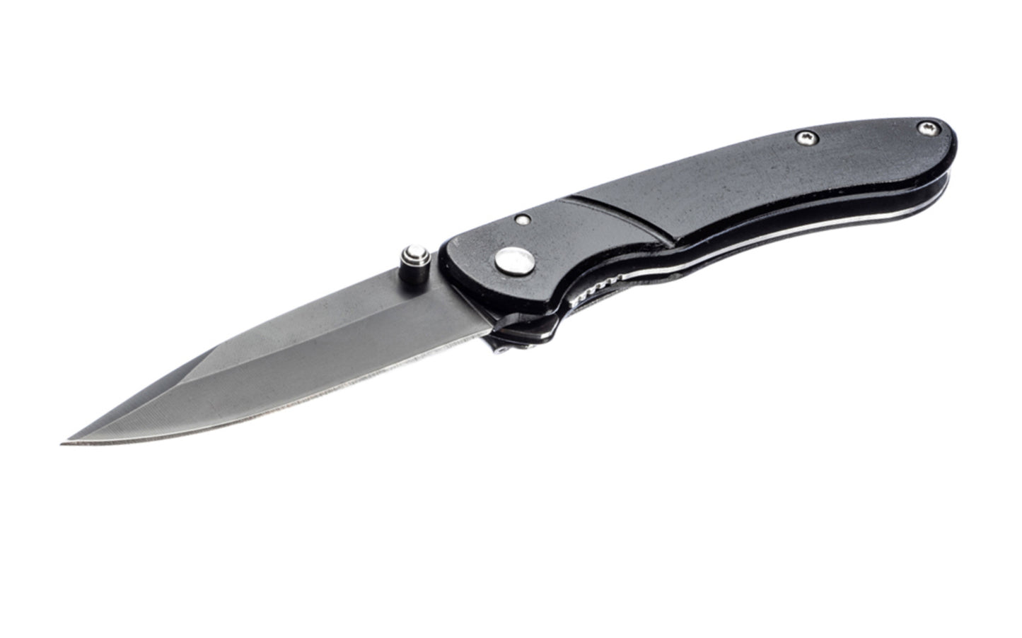 3-3/4" Pocket Knife with Aluminum Black Body. Stainless blade with a black finish. Belt clip attached to knife. 2-3/4" blade length. Includes sheath. Made by SE.