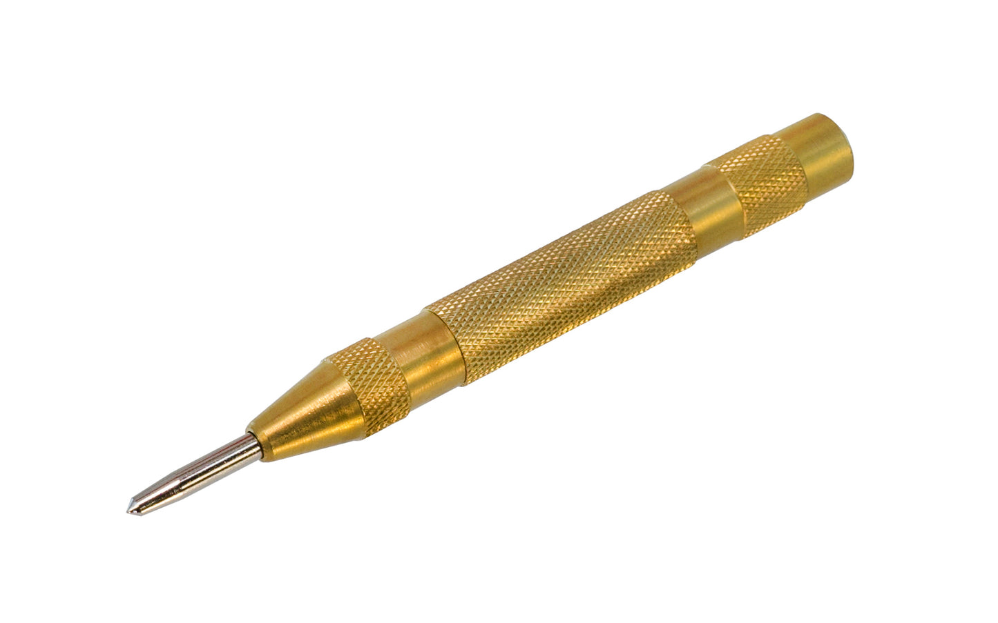 Brass Body Spring-Loaded Center Punch. Spring-loaded center punch conveniently starts and marks holes in wood and metal surfaces for drilling purposes. Body is made of brass material with a knurled grip. Hardened steel tip.