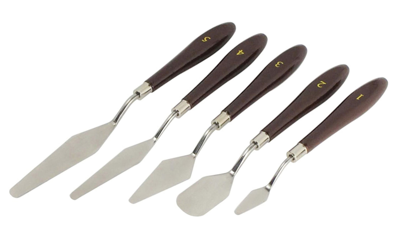 Stainless Steel Palette Knives - 5 PC Set. A basic & economy palette knife set with stainless steel blades. Used for applying paint using thick paint palette knife techniques, creating paint effects, mixing & applying putties, resins, & fillers, etc. Made by SE.