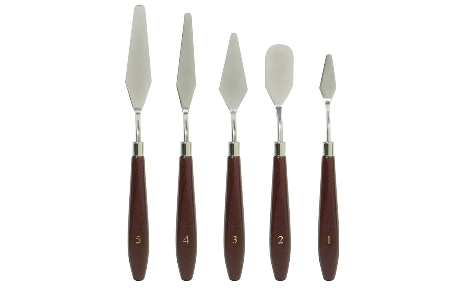 Stainless Steel Palette Knives - 5 PC Set. A basic & economy palette knife set with stainless steel blades. Used for applying paint using thick paint palette knife techniques, creating paint effects, mixing & applying putties, resins, & fillers, etc. Made by SE.