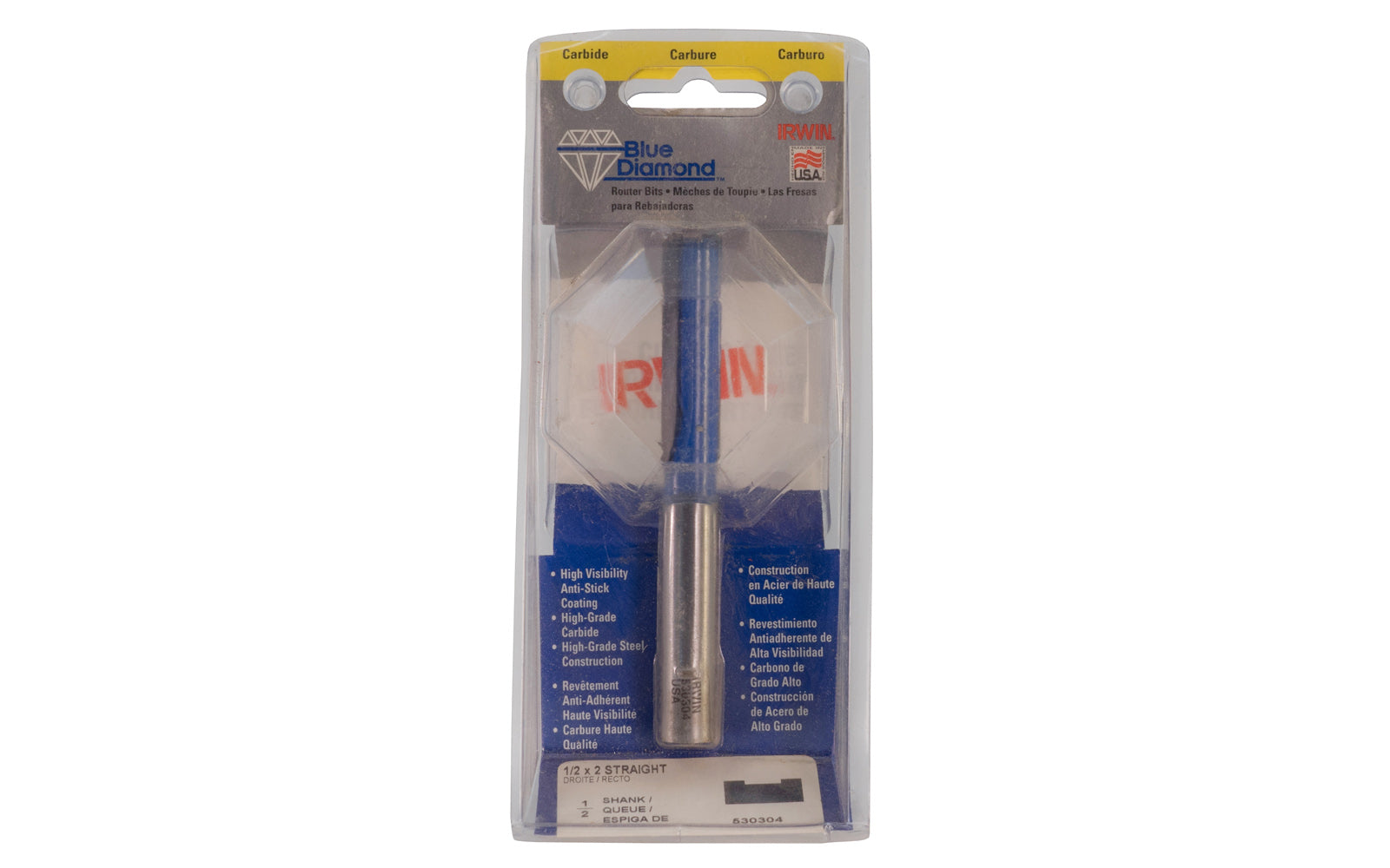 Irwin Carbide 1/2" x 2" Straight Router Bit - Made in USA. Carbide - High Grade Steel construction Router Bit. 2" depth. 4-3/4" overall length. 1/2" shank. Irwin Blue Diamond Model No. 520304. Made in USA.