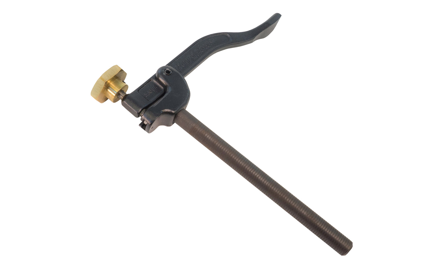 This Veritas hold down fits in a 3/4" diameter hole on a work bench, and clamps in any direction where clamping is required. 10" forged steel arm. Clamping capacity is 8" & throat capacity is 8". Veritas Model 05G14.01 Made in Canada.