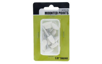 Basic & economy set of Woolen Mounted Points Set. Designed for polishing most metals, stones, glass, ceramics, etc. 11 piece set. 1/8" Shank. Made by Sona Enterprises.