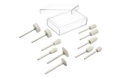 Basic & economy set of Woolen Mounted Points Set. Designed for polishing most metals, stones, glass, ceramics, etc. 11 piece set. 1/8" Shank. Made by Sona Enterprises.