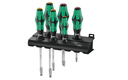 Wera 6-PC Screwdriver Set & Rack "334/SK/6". Model 007680.  6 piece slotted & phillips screwdriver set. Lasertip tips for more secure fit in the screw head. 334/SK/6 Rack. Kraftform Plus – Series 300. 