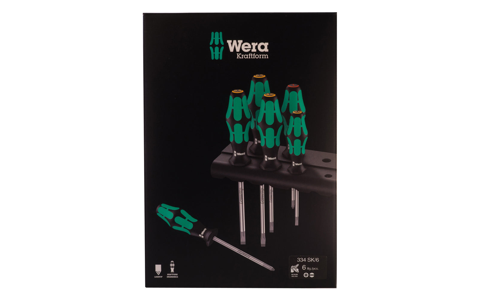 Wera 6-PC Screwdriver Set & Rack "334/SK/6". Model 007680.  6 piece slotted & phillips screwdriver set. Lasertip tips for more secure fit in the screw head. 334/SK/6 Rack. Kraftform Plus – Series 300. 