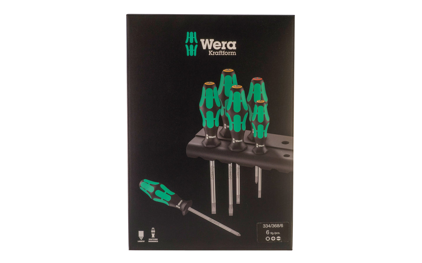 Wera 6-PC Screwdriver Set & Rack "334/368/6". Model 347778.  6 piece slotted, phillips, square drive screwdriver set. Lasertip tips for more secure fit in the screw head. 334/368/6 Rack. Kraftform Plus – Series 300. 