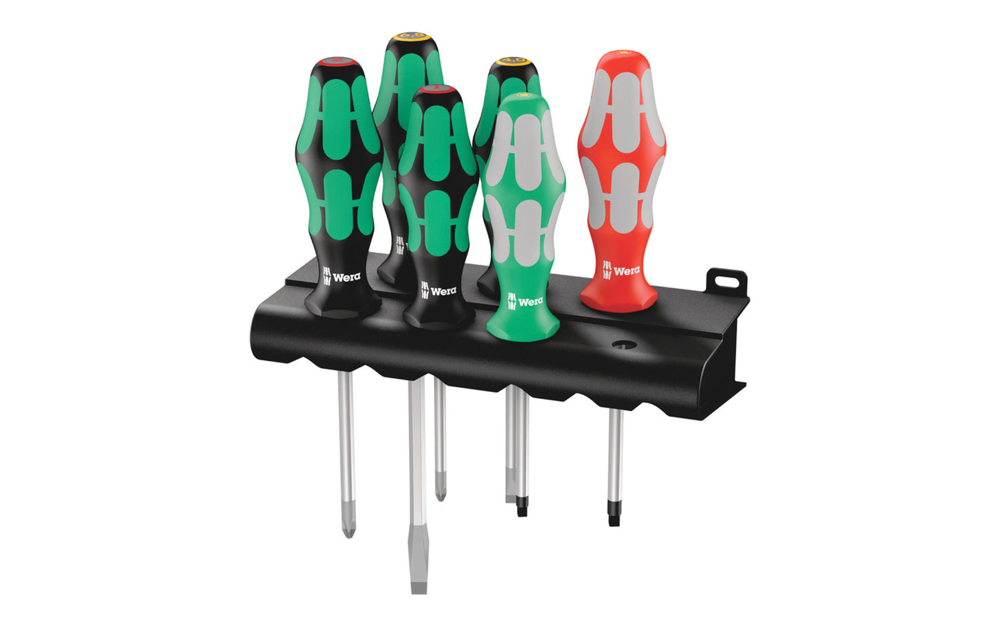 Wera 6-PC Screwdriver Set & Rack "334/368/6". Model 347778.  6 piece slotted, phillips, square drive screwdriver set. Lasertip tips for more secure fit in the screw head. 334/368/6 Rack. Kraftform Plus – Series 300. 