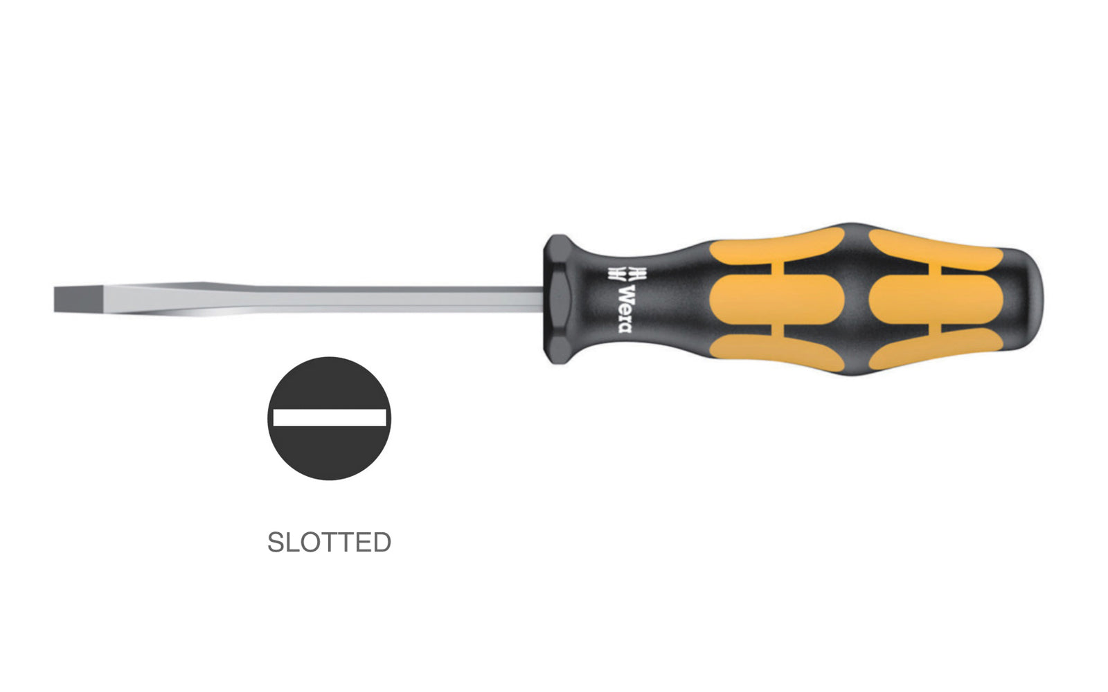 Wera Slotted Screwdriver "Chiseldriver". Designed for screwdriving, chiseling, mortising & slackening stuck screws. Available in 1.0 x 5.5 mm Slot, 1.2 x 7.0 mm Slot, 1.6 x 9.0 mm Slot, & 1.6 x 10.0 mm Slot sizes. Kraftform 932 A Series. Slot screwdriver. Non-roll Hexagonal handle.