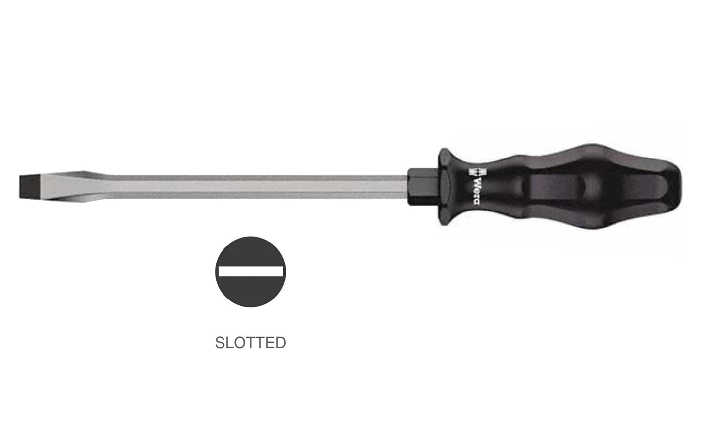 Wera Heavy Duty Slotted Screwdriver. Designed for screwdriving, chiseling, mortising & slackening stuck screws. Available in 2.0 mm x 12 mm slot size & 2.5 mm slot x 14.0 mm slot size. Kraftform 932 A Series. Slot screwdriver. Non-roll Hexagonal handle.