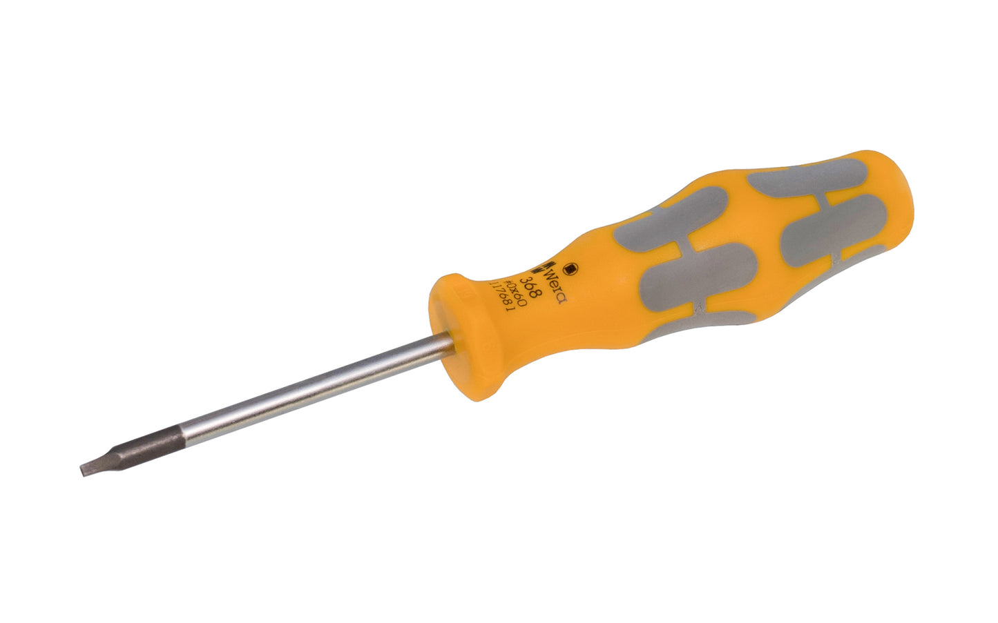 High quality Wera No. 0 Square Drive Screwdriver. Multi-component Kraftform Plus handle for pleasant, ergonomic working. Available in #0 Square Drive x 60 mm blade length. Kraftform 368 Series. SQ drive screwdriver. Non-roll Hexagonal handle. Model 117681.