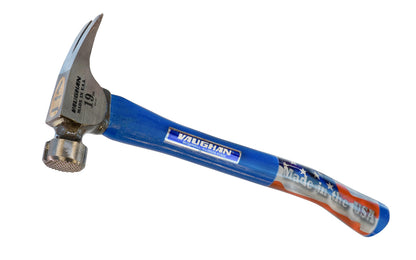  Vaughan 19 oz Mill Face Framing Hammer - 17" Curved Handle features a large striking face, hatchet eye, & sturdy handle to create a rugged, heavy construction rip hammer preferred by the pros for framing & demolition tasks. 