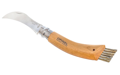 Made in France · Opinel Stainless Steel Mushroom Knife. 3" long foldable blade with stainless locking collar. Specially designed for harvesting & cleaning mushrooms. Made of 12c27 Sandvik stainless steel. Beechwood handle with Genuine Boar's hair brush. Couteau a Champignon No. 08.