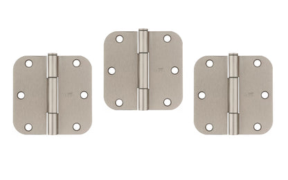 3-1/2" x 3-1/2" size  "Squeak Guard" Door Hinges - 3 Pack. Enables doors to pivot on one edge as they silently open & close. Satin Nickel finish on steel material. 5/8" radius corners. Removable pin. National Hardware Model No. N830-450. 