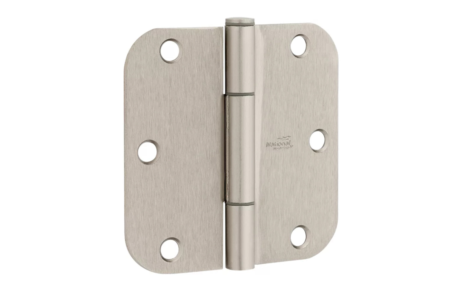 3-1/2" x 3-1/2" size  "Squeak Guard" Door Hinges - 3 Pack. Enables doors to pivot on one edge as they silently open & close. Satin Nickel finish on steel material. 5/8" radius corners. Removable pin. National Hardware Model No. N830-450. 