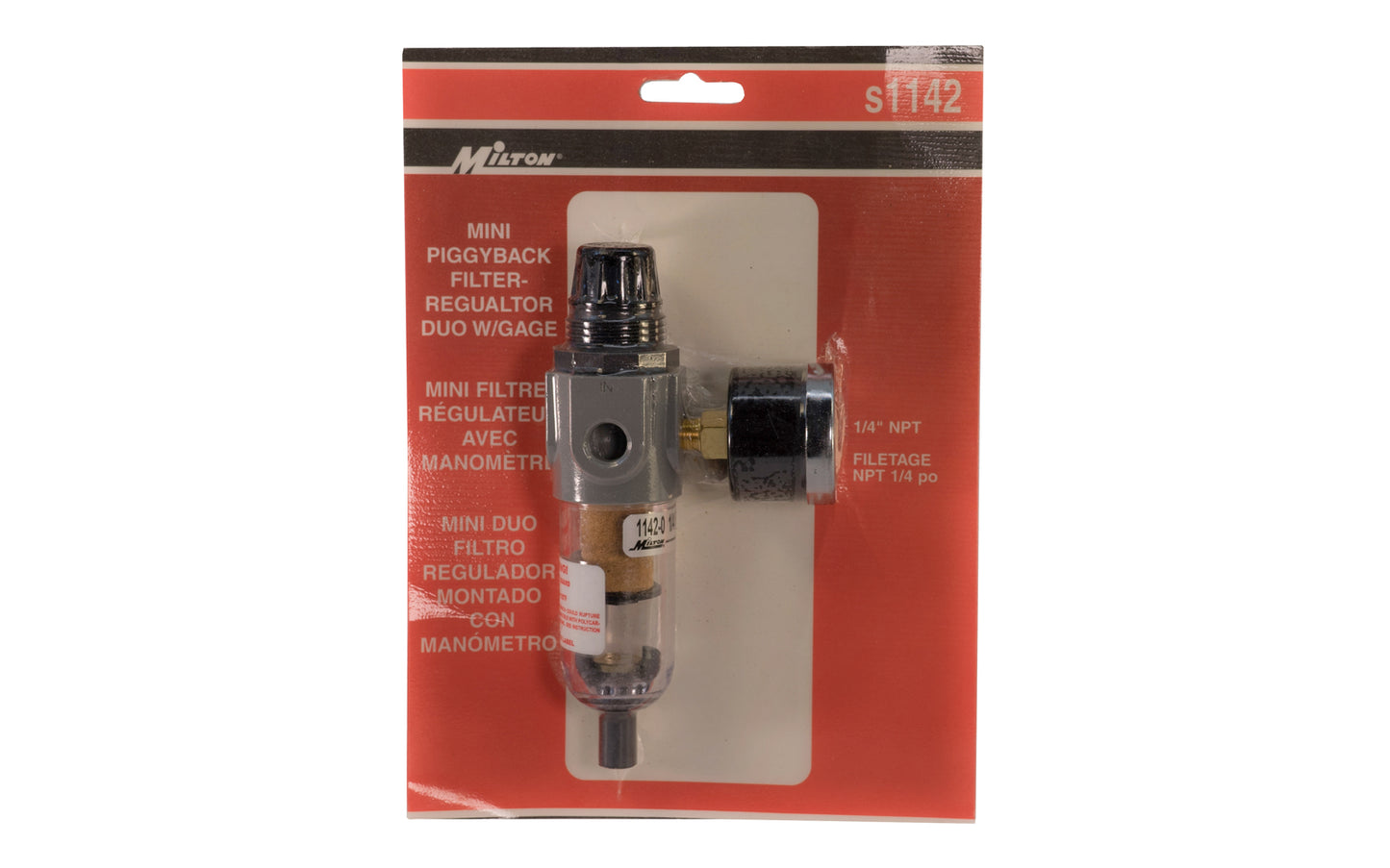  Milton 1/4" NPT Mini Filter-Reducer Piggyback Duo S-1142. 1/4" NPT Mini filter-reducer piggyback duo is recommended when space is a problem. Duo offers most of the same features as the full size units. Preassembled with 0-160 PSI gage # 1189. Piggyback mini FR Duo is ideal for use in compact air flow applications. Maximum pressure 150 PSI and Maximum SCFM 21. Preassembled with Milton #1189 gauge. 