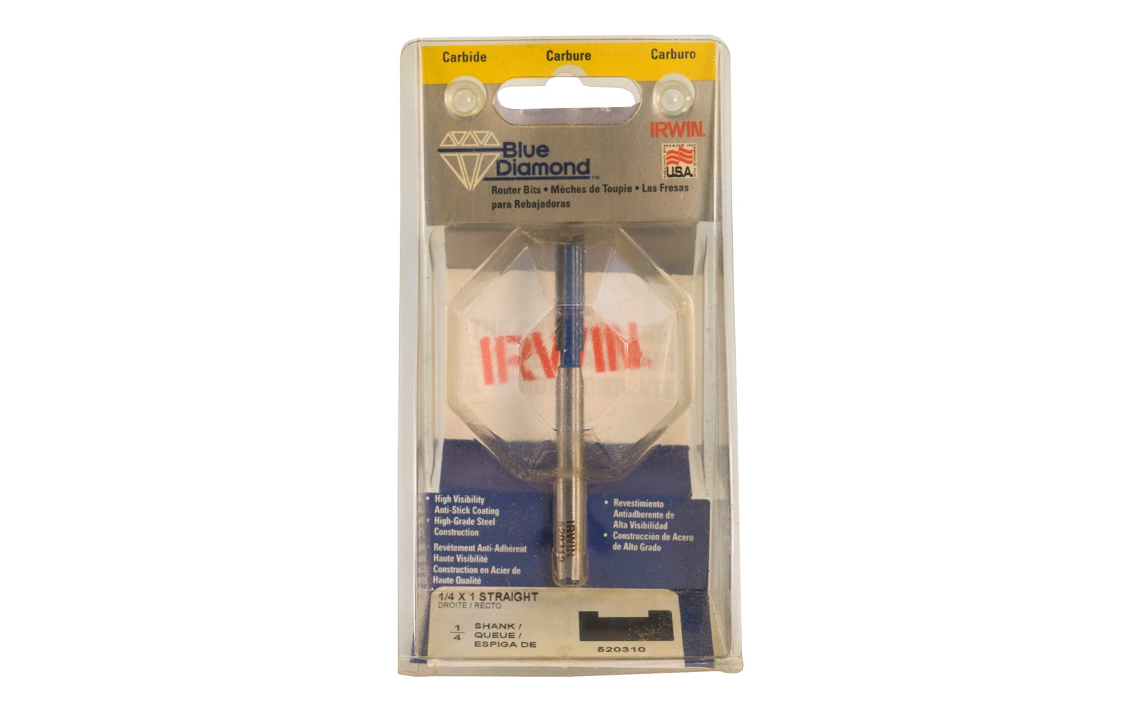 Irwin Carbide 1/4" x 1" Straight Router Bit - Made in USA. Carbide - High Grade Steel construction Router Bit. 1" depth. 3" overall length. 1/4" shank. Irwin Blue Diamond Model No. 520310. Made in USA.
