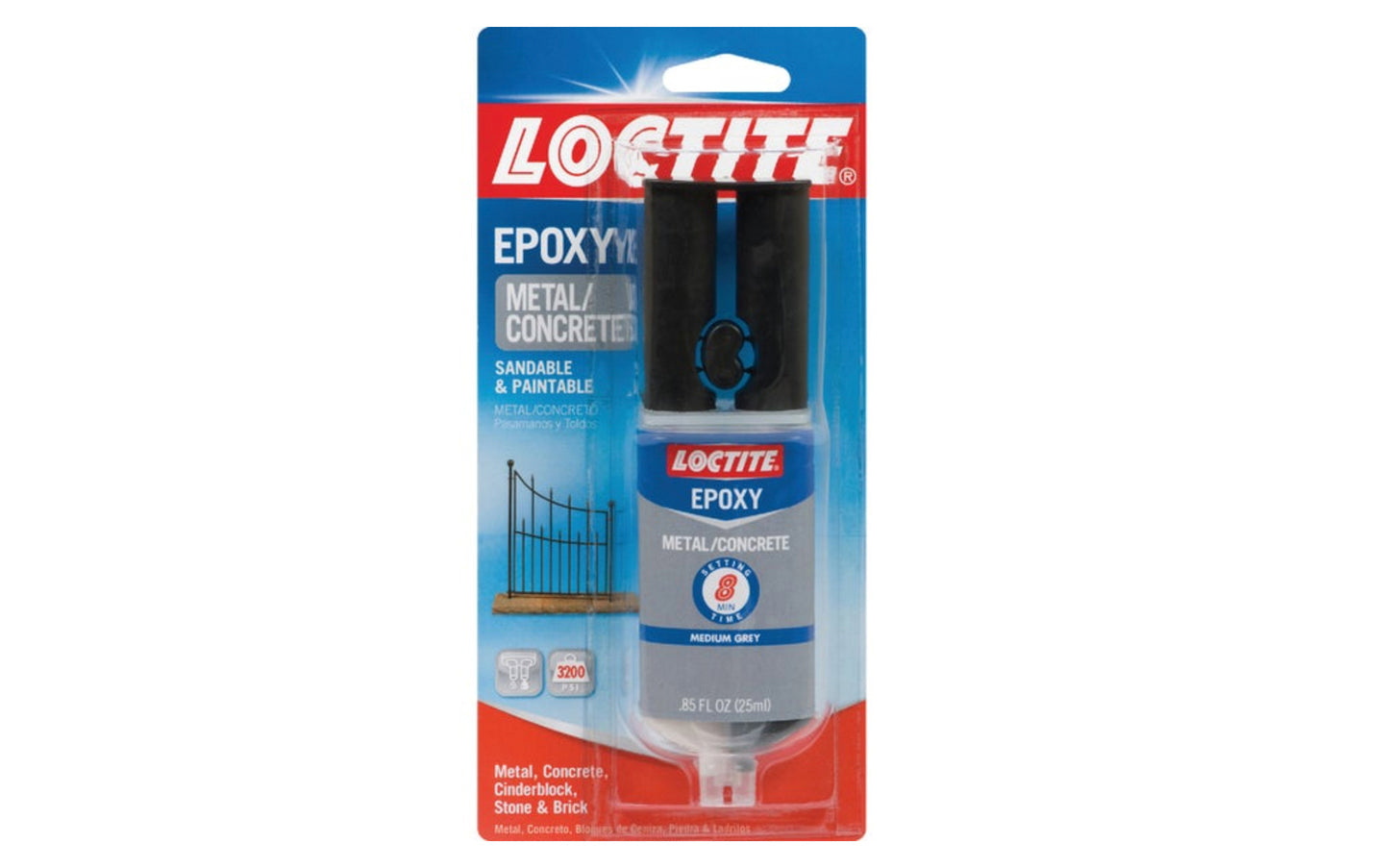 Loctite Metal/Concrete Epoxy - 0.85 fl oz. Heavy-duty, quick setting epoxy bonds and fills most metals. Repairs cement and cinder block. May be drilled, shaped, reamed, and tapped. Quick 'N Easy applicator. 0.85 oz. tube.