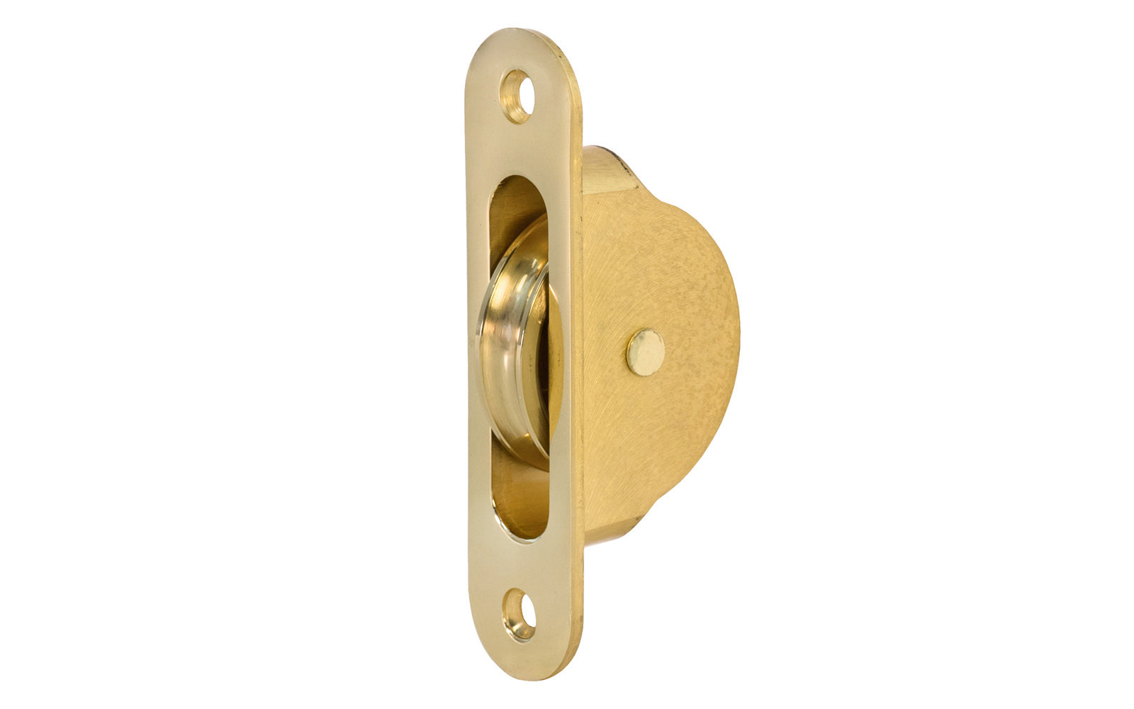 High quality sash pulley designed for sash or hung windows. Formed of solid brass material. Regular size. 1-3/4" wheel diameter. Unlacquered brass (will patina over time) non-lacquered brass.