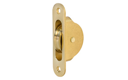 High quality sash pulley designed for sash or hung windows. Formed of solid brass material. Regular size. 1-3/4" wheel diameter. Unlacquered brass (will patina over time) non-lacquered brass.