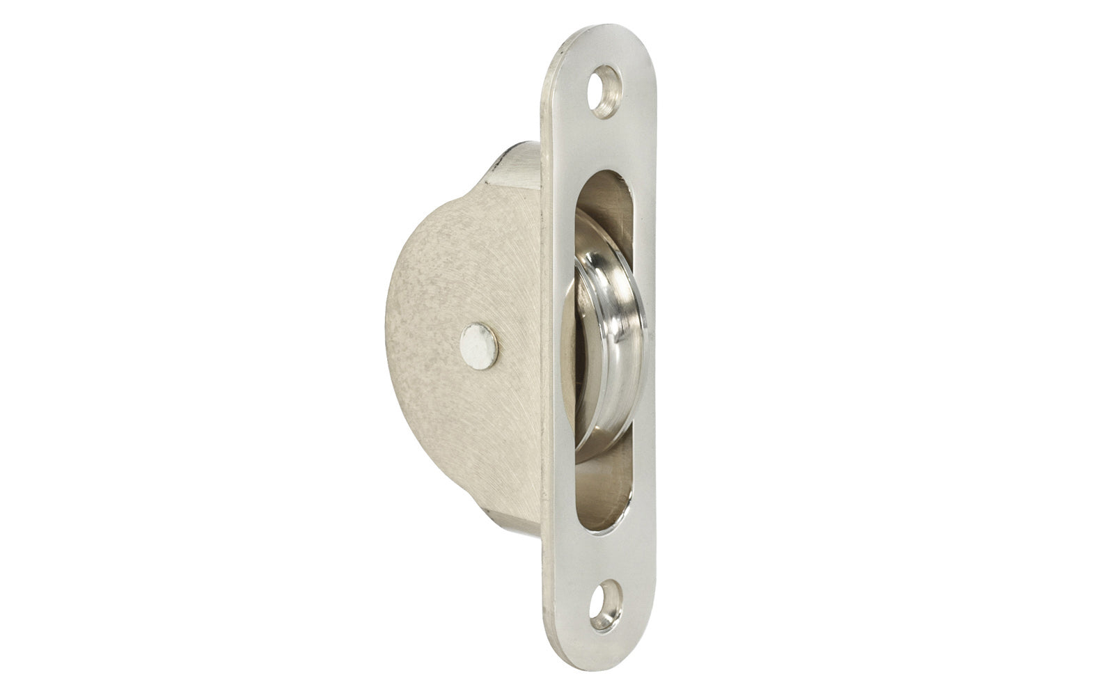 High quality sash pulley designed for sash or hung windows. Formed of solid brass material. Regular size. 1-3/4" wheel diameter. Polished Nickel Finish.