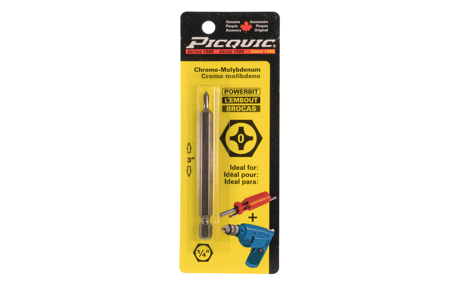 Picquic 3" length powerbit - #0 Phillips. 1/4" hex shank power bits ideal for use in drills & impact drivers. Picquic model 88020
