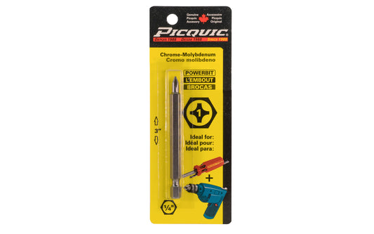 Picquic 3" length powerbit - #1 Phillips. 1/4" hex shank power bits ideal for use in drills & impact drivers. Model 88021.