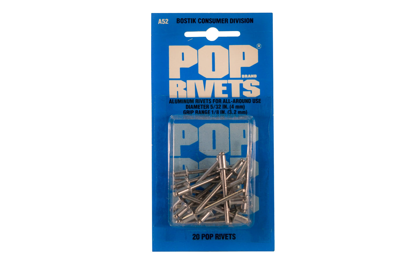 POP Rivets 5/32" x 1/8" Aluminum Rivets - 20 Pack. Model A52. Aluminum Rivets produce a strong & tamper-proof joint. For joining sheet metal, aluminum, fabrics, plastics, & leather. Use on metal cabinets, aluminum doors, & windows, metal fixtures, automobiles, heating ducts, gutters, & downspouts. Made in USA.