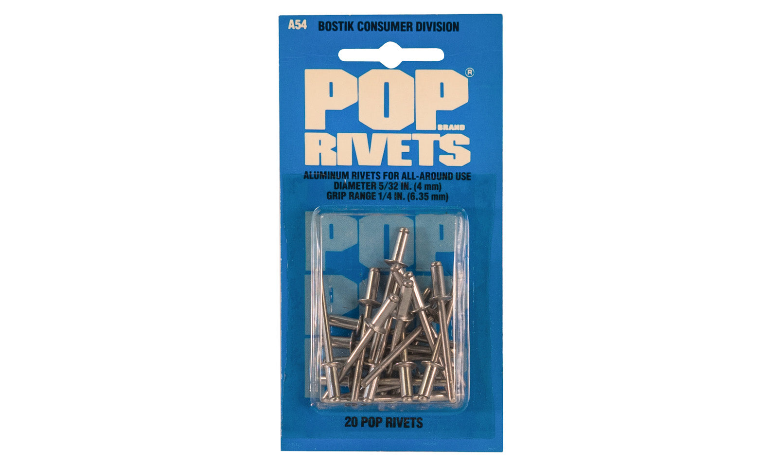 POP Rivets 5/32" x 1/4" Aluminum Rivets - 20 Pack. Model A54. Aluminum Rivets produce a strong & tamper-proof joint. For joining sheet metal, aluminum, fabrics, plastics, & leather. Use on metal cabinets, aluminum doors, & windows, metal fixtures, automobiles, heating ducts, gutters, & downspouts. Made in USA.