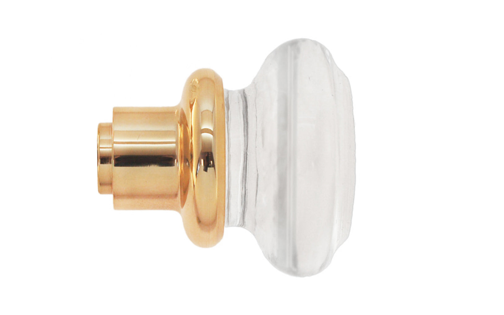 Single Classic Round Clear Glass Doorknob. A high quality & genuine glass doorknob with an attractive round design. The sparkling center point under glass amplifies reflected light to showcase beautiful facets. Solid brass base. Reproduction Glass Door Knobs. Traditional Round Glass Knobs. One knob. Unlacquered brass (will patina naturally), Non-Lacquered Brass.