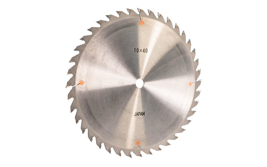 Japanese Sanwa 10" thin circular saw blade with carbide teeth - 40 Tooth. 40 tooth thin saw blade for woodworking. Grind: ATB saw blade - Alternating Tooth Bevel. 0.12" kerf blade. 5/8" arbor hole. Carbide tooth. Alternate tooth bevel blade. Sanwa model SA1040. Made in Japan.