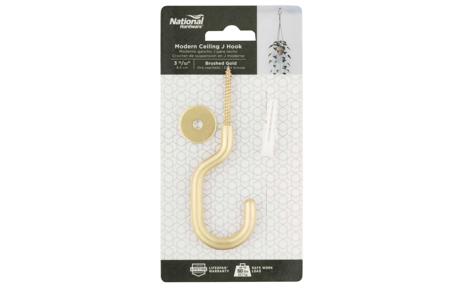 j hooks for hanging plants National Hardware N275-524 Modern Ceiling J Hook, Brushed Gold, 3-11/32-in