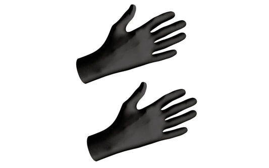 Black Nitrile Biodegradable Disposable Gloves - 100 Pack. Biodegradable, single use nitrile gloves. Features biodegradation in biologically active landfills. Powder-free, silicone-free, low-modulus 100% nitrile. Bisque fingertips. 9-1/2". 4 mil thickness. 9.5 inches long.  Available in M, L, & XL sizes. Made by Showa.