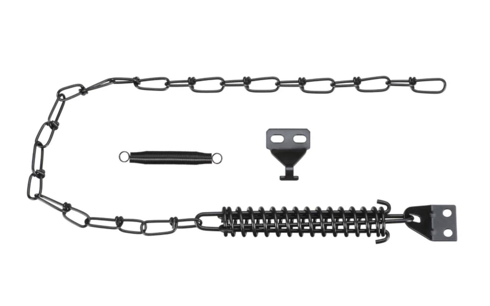 Steel brackets & chain; spring steel. Black finish. Designed to absorb shock, preventing wind damage to screen & storm doors & door closers. National Hardware Catalog Model No. N349-241. 038613349247