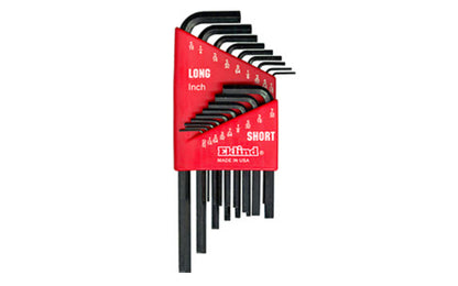 Eklind 18-PC Long & Short Hex-L Wrench Key Set - SAE. .050", 1/16", 5/64", 3/32", 7/64",  1/8", 9/64", 5/32", 3/16", 7/32", & 1/4" sizes. Allen wrench set is hardened, tempered & finished with Eklind black finish to resist rust. Plastic holder firmly retains each key. Eklind model 10018. Made in USA.