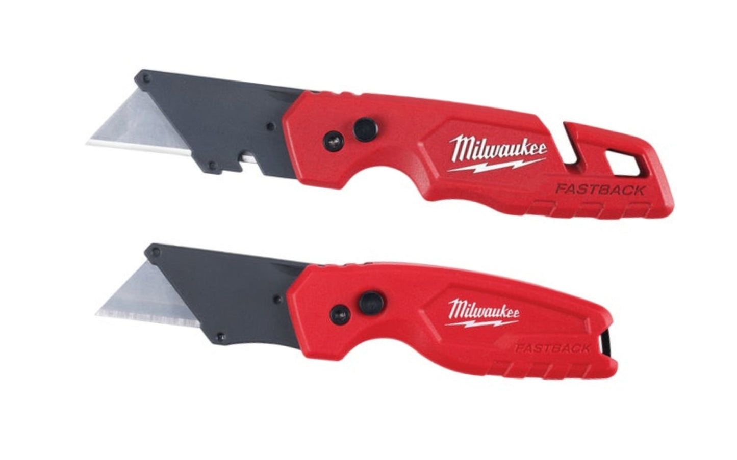 Milwaukee "Fastback" Folding Utility Knife - 2 Pack. Milwaukee's "Fastback" Folding Utility Knife features Press and Flip, a one-handed blade opening for easy activation. Features a magnetic blade storage that holds five blades and folds into the knife body ~ 48-22-1503. 045242534425