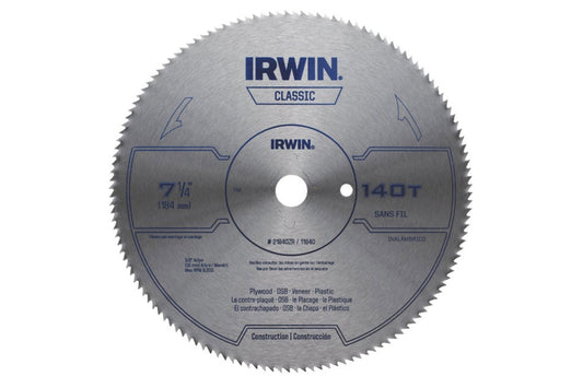 Irwin 7-1/4" Smooth Circular Saw Blade - 140 Tooth. Model 21840ZR. 024721218407.