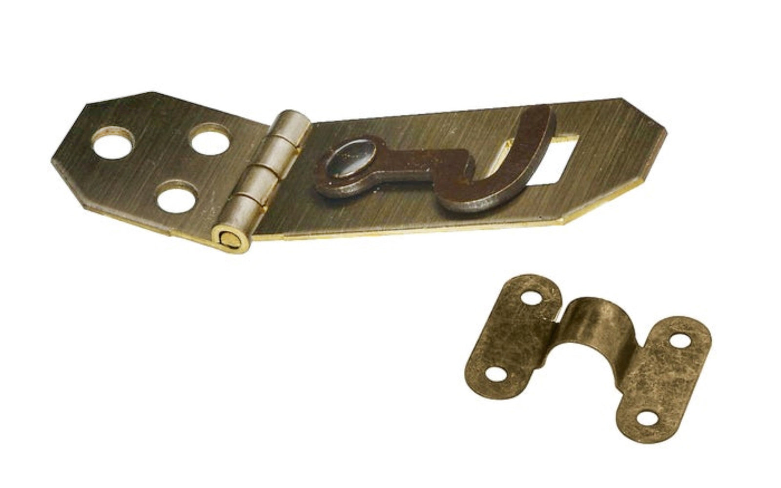 Antique Brass Decorative Hasp with Hook. This mini hasp with hook is designed for small chests, jewelry boxes, craft projects, etc. Surface mount. Sold as one hasp in pack. Includes screws.