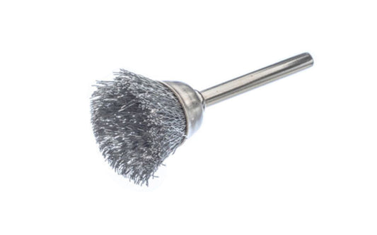 Mini Stainless Steel Wire Cup Brush - 3/4" Diameter - 1/8" Shank. Ideal for cleaning, polishing, and producing special finishes on various surfaces. Made by Sona Enterprises.