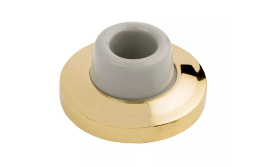 Bright Brass Finish Solid Brass Wall Door Stop is designed to protect wall & door from damage. Large base. Solid ring, rubber bumper, & plastic wall anchor. Diameter: 2-5/16". Projection: 1-1/8". Made by National Hardware.