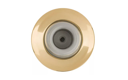 Bright Brass Finish Solid Brass Wall Door Stop is designed to protect wall & door from damage. Large base. Solid ring, rubber bumper, & plastic wall anchor. Diameter: 2-5/16". Projection: 1-1/8". Made by National Hardware.