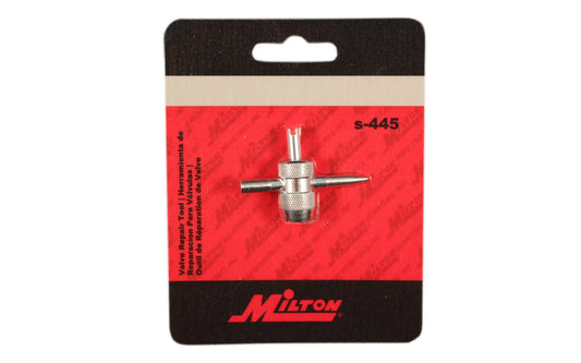 Milton 4-in-1 Valve Tool - s445. 4 in 1 valve repair tool can be used for rethreading inside and outside of valve stems, insertion or removal of valve cores. Allows removal of valve cores even if shoulders are broken. This steel plated valve repair tool has a tap size of .2108-36.