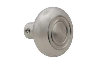 Single Classic Brass Circle-Ring Design Doorknob. Quality hollow core wrought brass doorknob with an attractive circle-ring design. Reproduction Brass Door Knob. Traditional Threaded Brass Knobs. Brushed Nickel Finish.