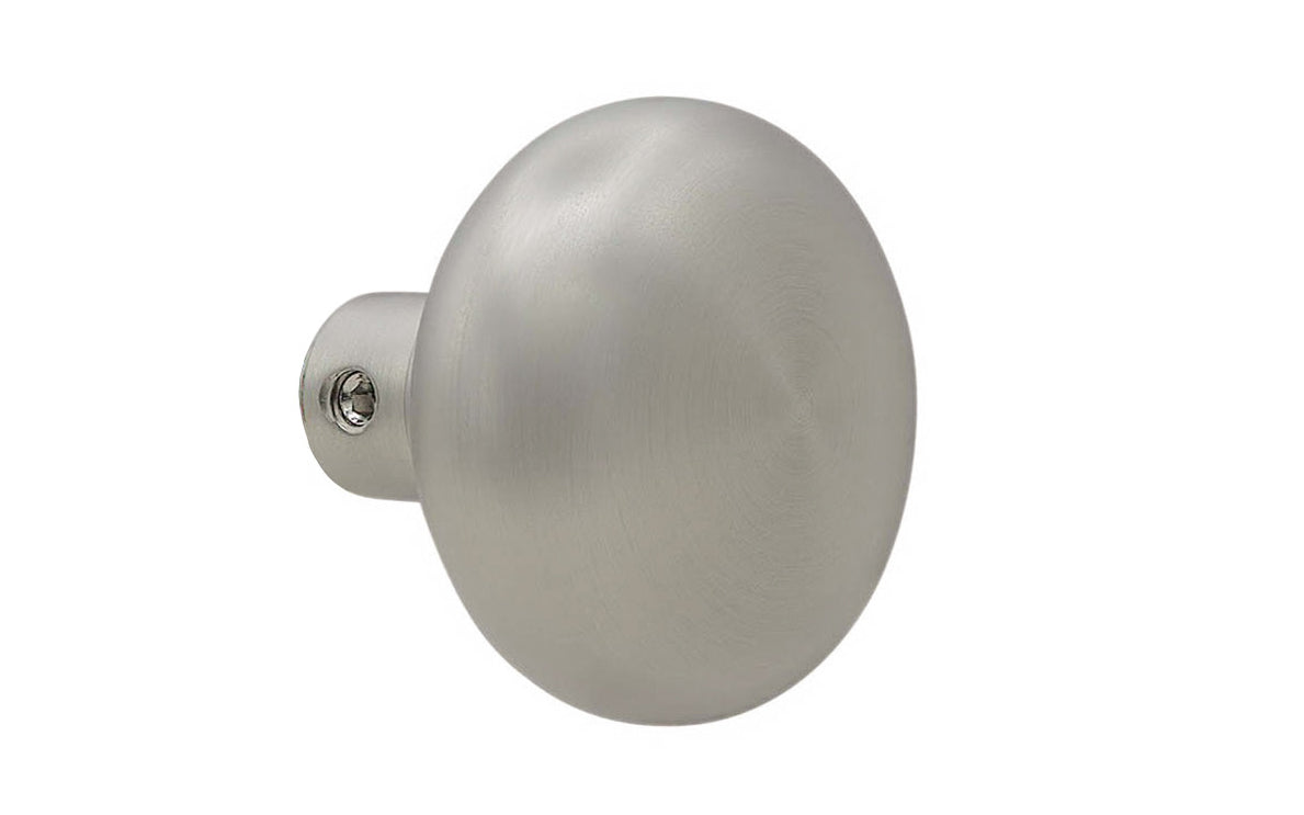 Single Classic Brass Plain Design Doorknob. Quality hollow core wrought brass doorknob with an attractive smooth design. Reproduction Brass Door Knob. Traditional Threaded Brass Knobs. Brushed Nickel Finish.