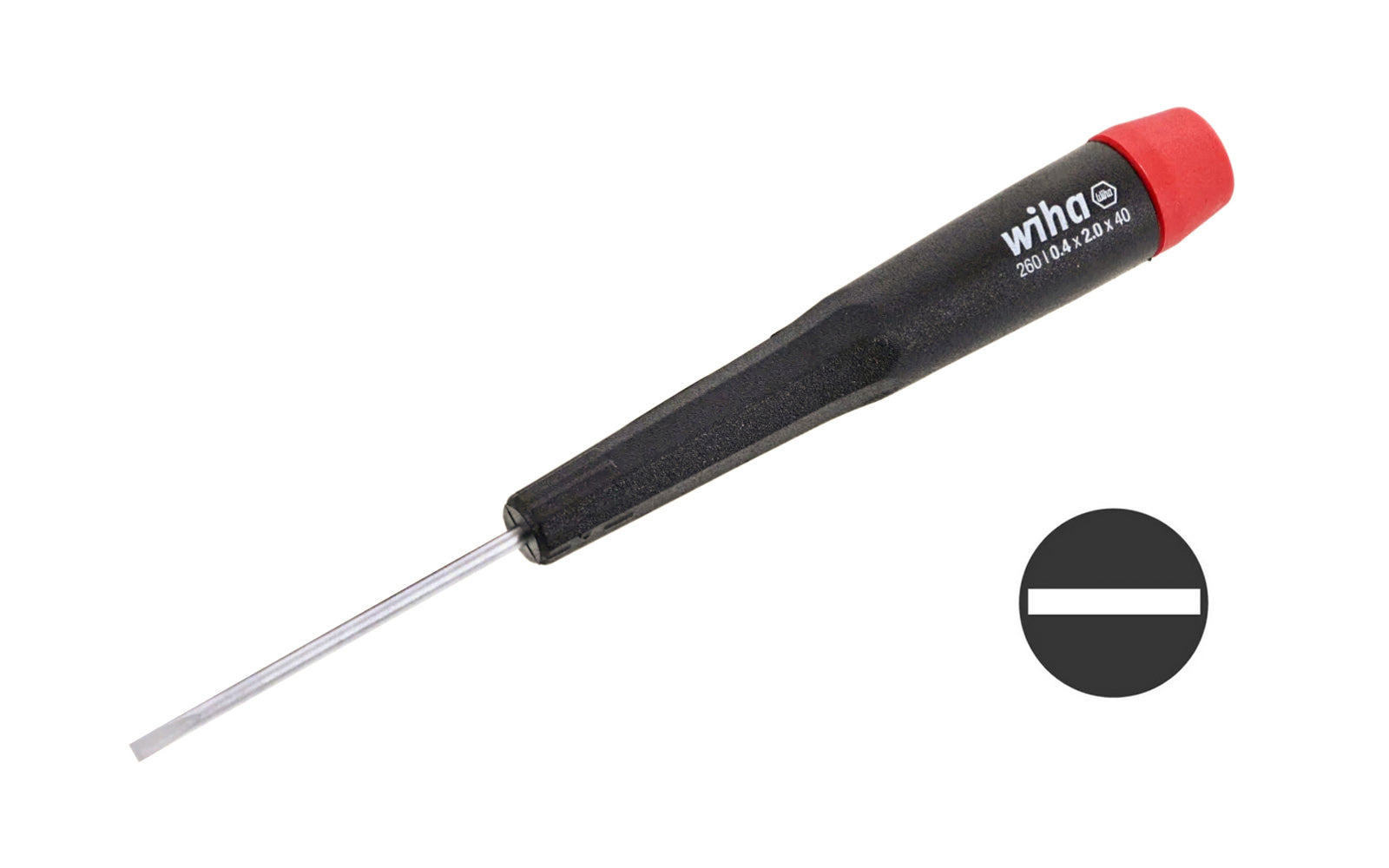 Wiha Slotted precision screwdriver made out of hardened CRM72 tool steel. Excellent for working on small components & modern electronics. Easy spin control cap. 0.8 x 40 mm, 1.0 x 40 mm, 1.2 x 40 mm, 1.5 x 40 mm, 1.8 x 40 mm, 2.0 x 40 mm, 2.5 x 50 mm, 3.0 x 50 mm, 3.5 x 60 mm, 4.0 x 60 mm sizes. Made in Germany. 
