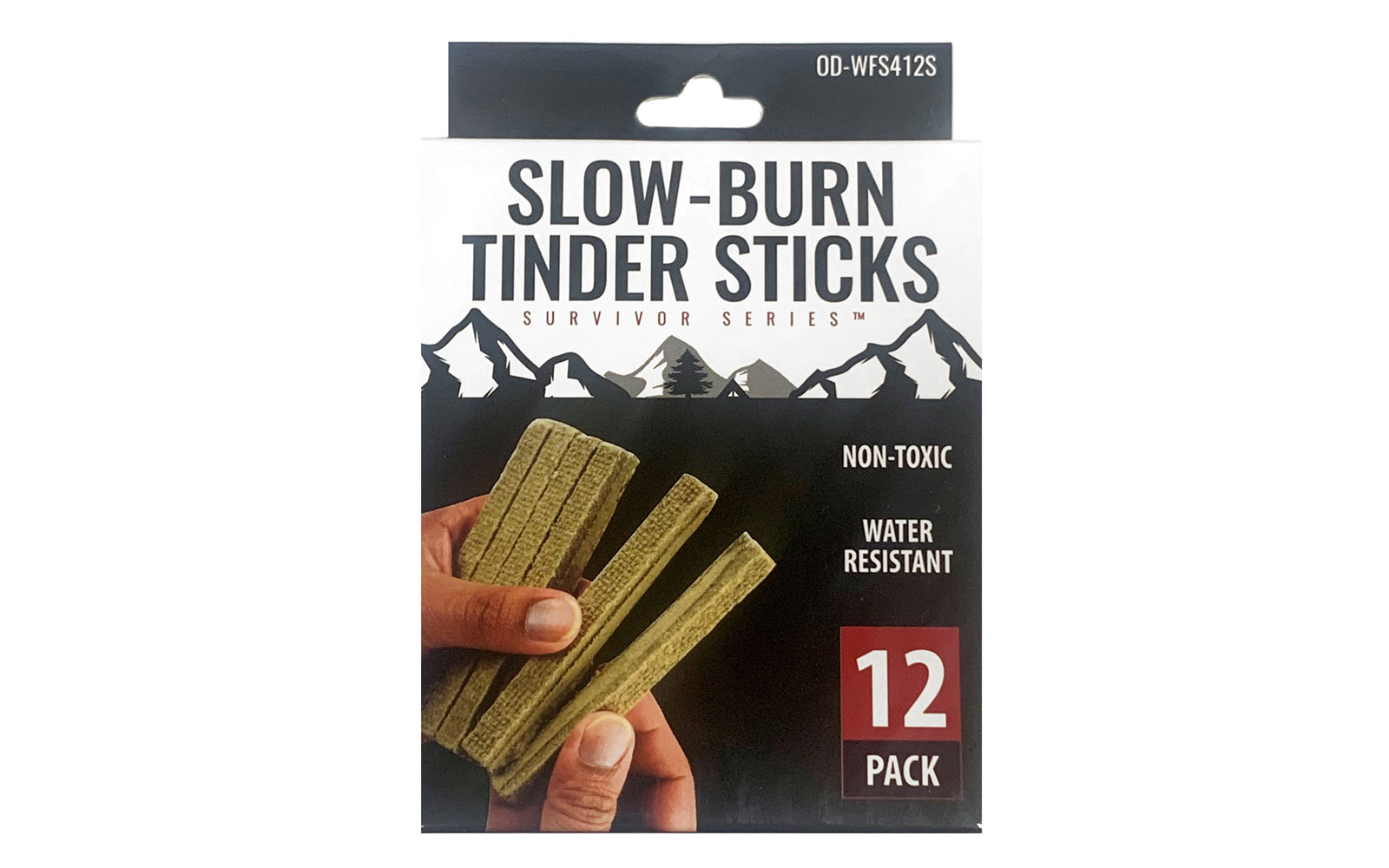 Slow-Burn Tinder Sticks. Each stick burns slowly, taking approx. 5 minutes to burn the exterior, providing time for fire starting or wood structuring. 12 Pack.