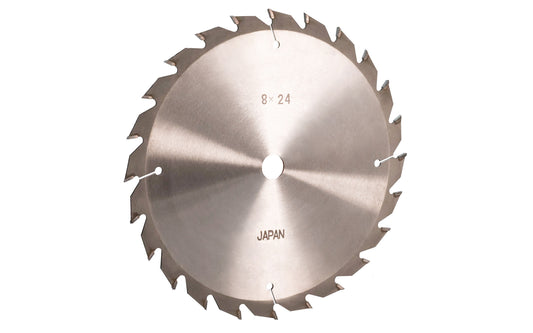 Japanese 8" circular saw blade with carbide teeth made by Sanwa. 24 tooth saw blade for woodworking. Grind: ATB saw blade - Alternating Tooth Bevel style. 0.12" kerf. Sanwa model SA 0824. Made in Japan.