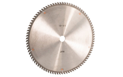 Japanese Sanwa 12" circular saw blade with carbide teeth - 90 Tooth. 90 tooth thin saw blade for woodworking. Grind: ATB saw blade - Alternate Tooth Bevel style. 0.14" kerf blade. 25 mm arbor hole. Carbide tooth. 1" (25 mm) arbor hole. Alternate tooth bevel blade. Sanwa model SA1290. Made in Japan.