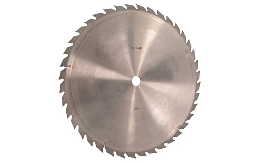 Japanese Sanwa 16" circular saw blade with carbide teeth - 40 Tooth. 40 tooth thin saw blade for woodworking. Grind: ATB saw blade - Alternating Tooth Bevel. 0.17" kerf blade. 25 mm arbor hole. Carbide tooth. 1" (25 mm) arbor hole. Alternate tooth bevel blade. Sanwa model SA1640. Made in Japan.